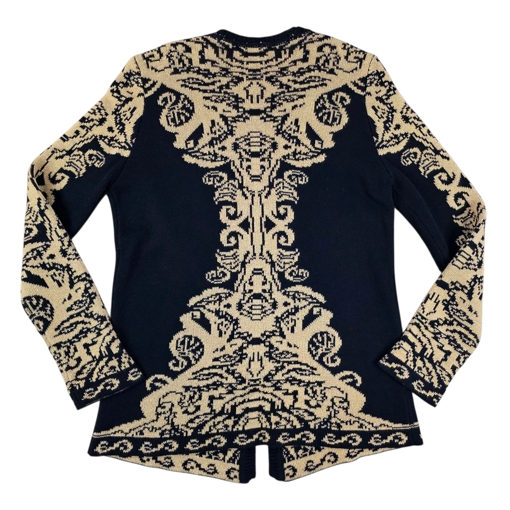 Baroque Jacquard Open Front Knit Cardigan Sweater Black Gold Metallic Women M - Picture 4 of 7